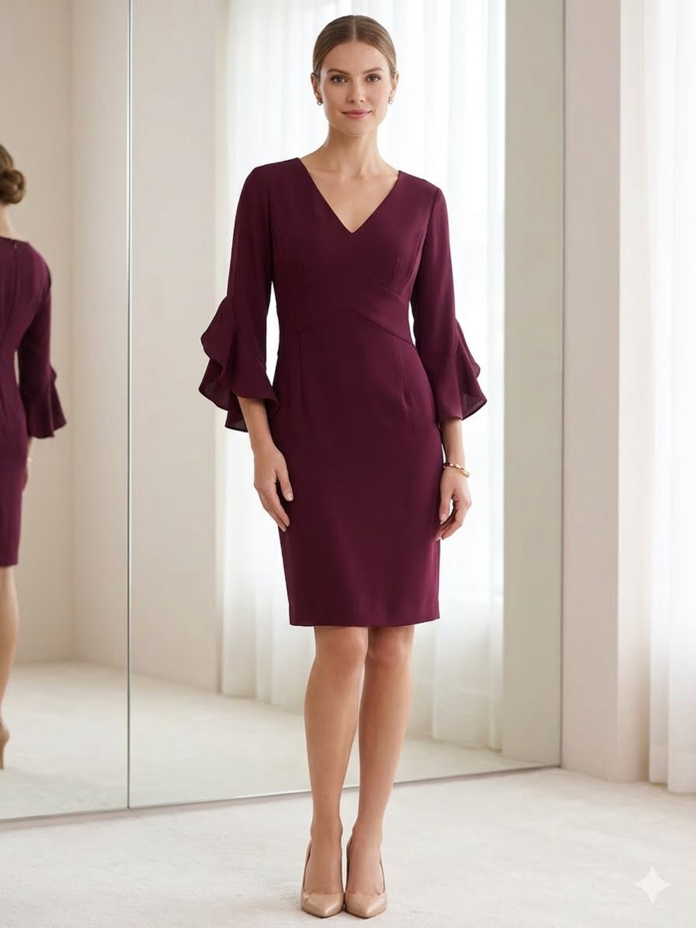 DKNY Burgundy Bell Sleeve V-Neck Sheath Dress - Size 12